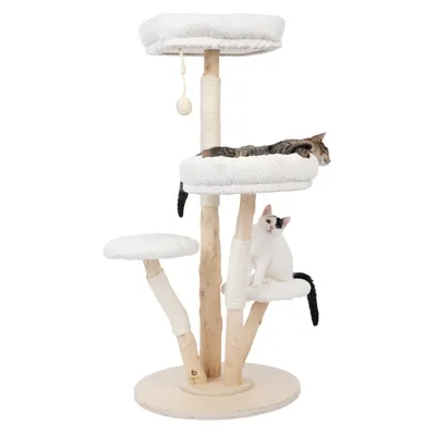 Kratzbaum aus hellem Holz mit drei Ebenen, weissen Liegeflächen und Spielball. Zwei Katzen nutzen die Plattformen.