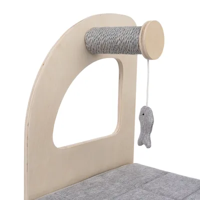 Wooden frame with sisal roll and hanging fabric fish toy, visible grey padding.
