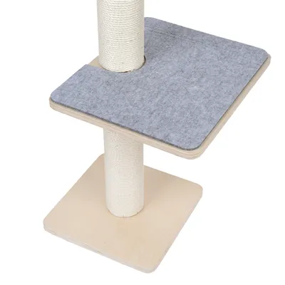 Cat tree with two levels made of light wood, sisal-wrapped post and grey felt cover on the top platform.