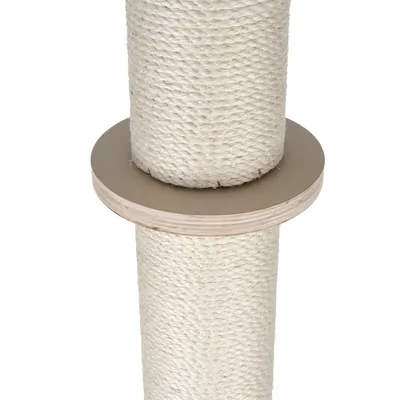 Scratching post made of light sisal with wooden stabilising base.