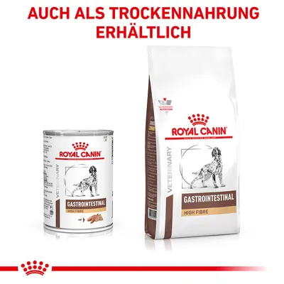 Royal Canin Gastrointestinal High Fibre, erhältlich als Nass- und Trockenfutter. Verpackungen mit Hundebild und Produktnamen sichtbar.