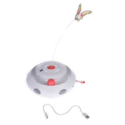 Elektrisches Spielzeug mit Schmetterlingsaufsatz, weisses Gehäuse mit rotem Knopf und USB-Kabel für Aufladung.