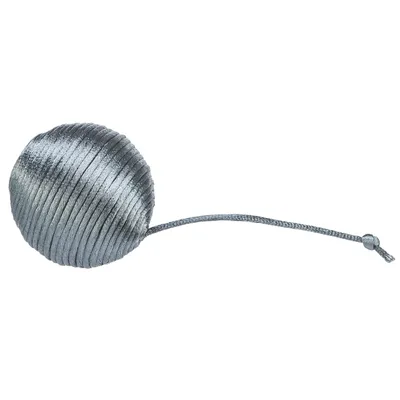 Silver-coloured play ball with cord, made of shiny material.