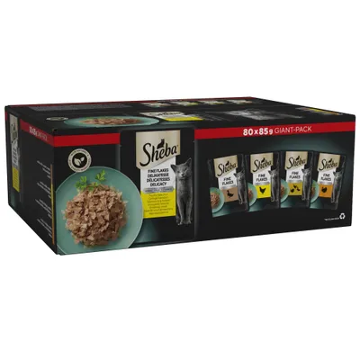 Sheba Fine Flakes Delicacy, giant pack of 80 x 85g pouches. Image shows four pouch varieties and a plate with fine flakes food.