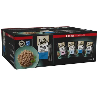 Sheba Fine Flakes Delicacy, giant pack containing 80 x 85g pouches in assorted varieties. Image shows product packaging and a plate of fine flakes food.