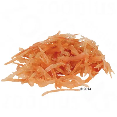 Dried orange strips, presumed chicken meat snacks. Visible without packaging.