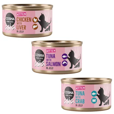 Cosma Asia Kitten Nassfutter in Jelly: Chicken with Liver, Tuna with Salmon, Tuna with Crab. Drei Dosen mit Katzenmotiv und Geschmacksangaben.