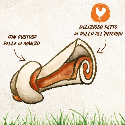 Illustrazione di un osso per cani con testo: 'con gustosa pelle di manzo' e 'delizioso petto di pollo all'interno', simbolo arancione con sagoma di gallina.