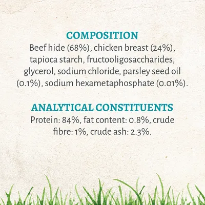 Composition: beef hide 68%, chicken breast 24%, tapioca starch, fructooligosaccharides, glycerol, sodium chloride, parsley seed oil 0.1%, sodium hexametaphosphate 0.01%. Analytical constituents: protein 84%, fat 0.8%, crude fibre 1%, crude ash 2.3%.