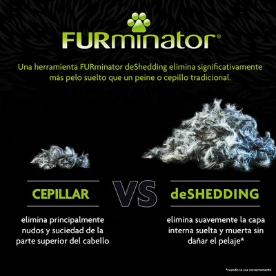 Comparativa visual entre cepillar y deShedding: el cepillado elimina nudos superficiales, deShedding retira más pelo suelto de la capa interna. Marca FURminator visible.