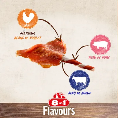 Friandise 8in1 Flavours avec blanc de poulet, peau de porc et peau de bœuf. Texte visible : délicieux blanc de poulet, peau de porc, peau de bœuf.