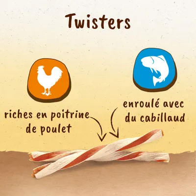 Twisters, riches en poitrine de poulet, enroulé avec du cabillaud. Deux bâtonnets torsadés visibles, texte et illustrations de poulet et poisson.