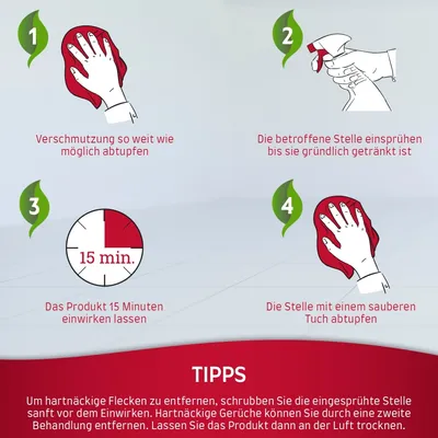 Anleitung zur Fleckenentfernung: 1. Verschmutzung abtupfen, 2. Stelle einsprühen, 3. Produkt 15 Minuten einwirken lassen, 4. Mit sauberem Tuch abtupfen. Tipps für hartnäckige Flecken unten.