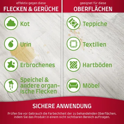 Effektiv gegen Flecken und Gerüche wie Kot, Urin, Erbrochenes, Speichel. Geeignet für Teppiche, Textilien, Hartböden, Möbel. Hinweis zur sicheren Anwendung: Farbtest vor Gebrauch durchführen.
