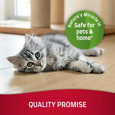 Nature's Miracle is Safe for pets & home*, QUALITY PROMISE. Tekst in het Engels zichtbaar op de afbeelding.