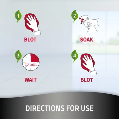 Instrukcja użycia: 1. Osusz ręcznikiem, 2. Spryskaj płynem, 3. Odczekaj 15 min, 4. Ponownie osusz ręcznikiem. Widoczne napisy: BLOT, SOAK, WAIT, BLOT.