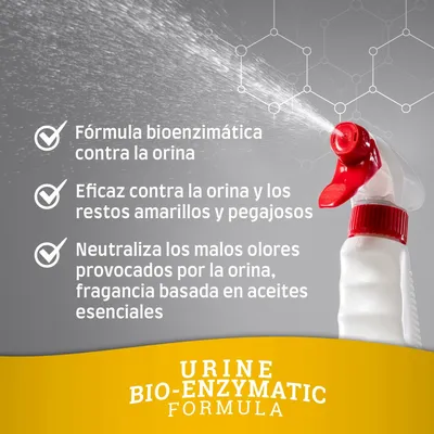 Fórmula bioenzimática contra la orina, eficaz contra restos amarillos y pegajosos, neutraliza malos olores con fragancia de aceites esenciales. Urine Bio-Enzymatic Formula.