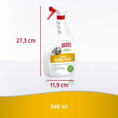 Spray Nature's Miracle Urine Remover, dimensioni visibili: 27,3 cm altezza, 11,9 cm larghezza, capacità 946 ml. Etichetta con cane e testo in inglese.