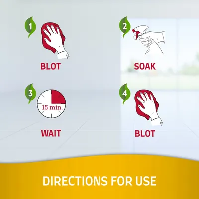 Návod na použitie: 1. Blot, 2. Soak, 3. Wait 15 min., 4. Blot. Ilustrácie ruky s handrou, spreja a časovača. Text v angličtine.