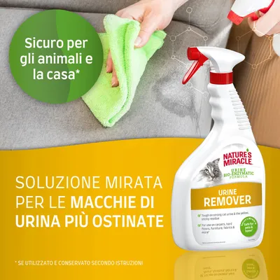 Nature's Miracle Urine Remover, soluzione mirata per le macchie di urina più ostinate. Sicuro per gli animali e la casa. Flacone spray con etichetta visibile.