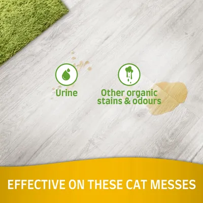 Urine, Other organic stains & odours. Effective on these cat messes.
