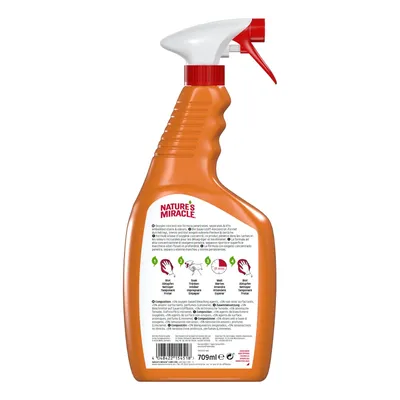 Nature's Miracle removedor de manchas e odores, 709 ml. Instruções: absorver a mancha, deixar atuar, voltar a absorver. Composição: limpeza à base de oxigénio, sem químicos nocivos.