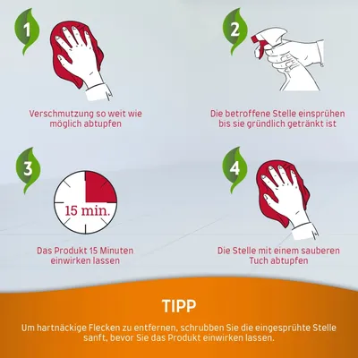 Anleitung zur Fleckenentfernung: 1. Verschmutzung abtupfen, 2. Stelle einsprühen, 3. Produkt 15 Minuten einwirken lassen, 4. Mit sauberem Tuch abtupfen. Tipp: Sanft schrubben bei hartnäckigen Flecken.