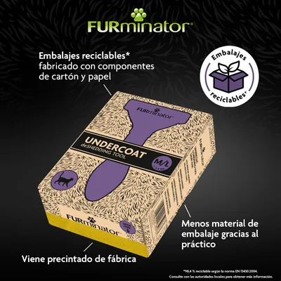 Caja Furminator Undercoat deShedding Tool M/L, embalaje reciclable de cartón y papel, menos material de embalaje, viene precintado de fábrica. Texto: Embalajes reciclables.