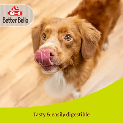 8 in 1 Better Bello. Tasty & easily digestible. Text v angličtine na obrázku s hnedým psom, ktorý si olizuje ňufák.
