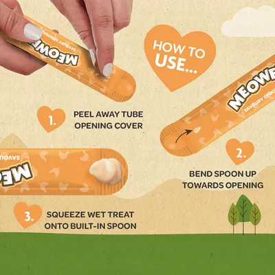 Használati útmutató angol szöveggel: 1. Peel away tube opening cover, 2. Bend spoon up towards opening, 3. Squeeze wet treat onto built-in spoon. Meowee márkanév látható.