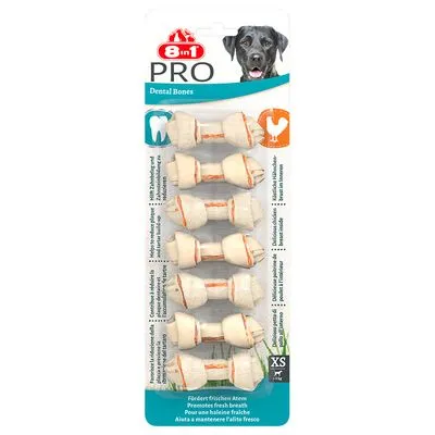 8in1 PRO Dental Bones, verpakking met 7 kauwbotten, XS formaat. Tekst: bevordert frisse adem, 12% tandverzorgend effect, geschikt voor kleine honden. Product zichtbaar in blisterverpakking.
