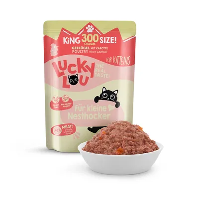 Lucky Lou King 300 Size! Geflügel mit Karotte Poultry with Carrot pour chatons, sachet de 300 g, sans céréales, sans sucre ajouté, 96 % viande et bouillon, pâtée visible dans une coupelle.