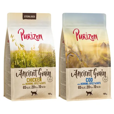 Purizon Ancient Grain Chicken a Cod, krmivo pre mačky, 400 g. Viditeľné zloženie: 65 % živočíšnych zložiek, 20 % ovocia a zeleniny, 15 % starodávne obilniny. Varianty s kuraťom a treskou.
