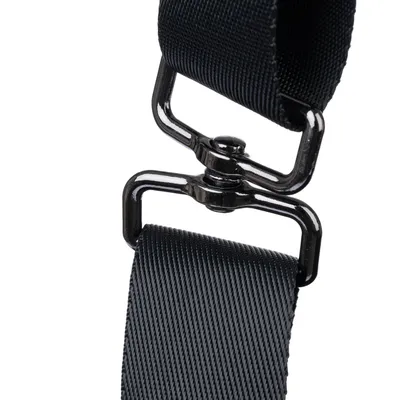 Black nylon strap with metal swivel snap hook, suitable for attaching or connecting accessories.