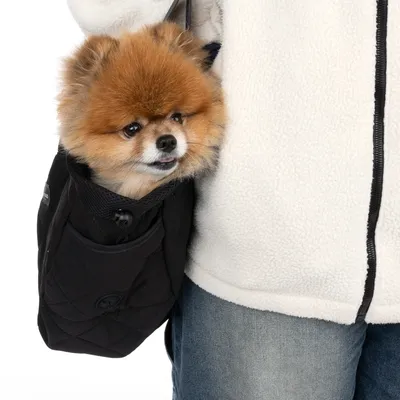 Black carrier bag with quilted design and mesh opening, worn over the shoulder. Additional outer pocket visible.
