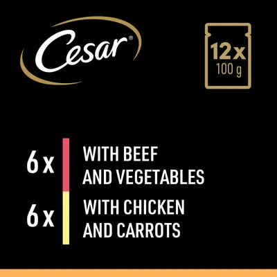 Pack contains 12 portions of 100g: 6 with beef and vegetables, 6 with chicken and carrots.