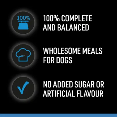 100% complete and balanced. Wholesome meals for dogs. No added sugar or artificial flavour.