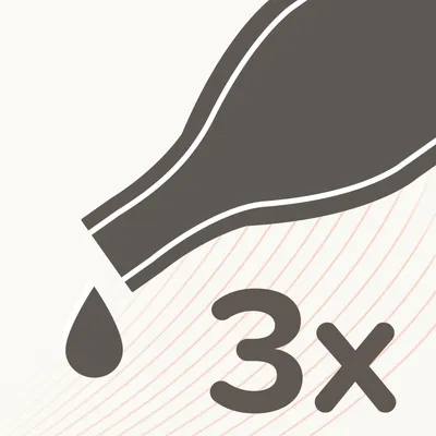 Illustration einer Flasche mit Tropfen und der Zahl '3x', Hinweis auf dreifache Menge oder Anwendung.
