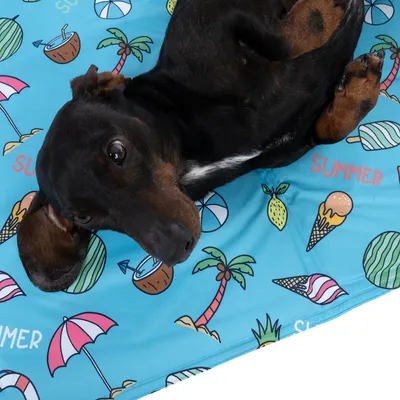 Dog lying on a blue mat with summer motifs such as palm trees, ice cream, and sun umbrellas. The word 'SUMMER' is visible multiple times.
