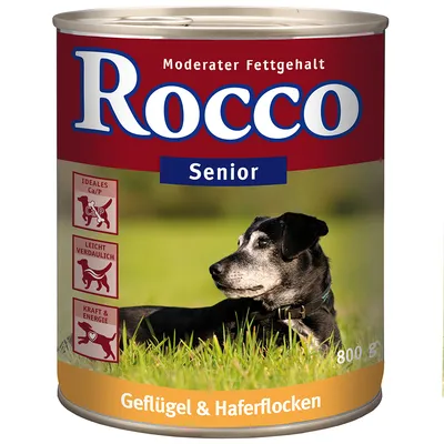 Boîte de nourriture pour chien Rocco Senior, texte visible : Moderater Fettgehalt, Geflügel & Haferflocken, 800 g. Pictogrammes avec Ca/P, leicht verdaulich, Kraft & Energie. Texte en allemand.