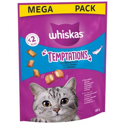Whiskas Temptations mega pack with salmon flavour, under 2 kcal per treat, no artificial flavours, enriched with vitamins and minerals, 180g pouch shown.