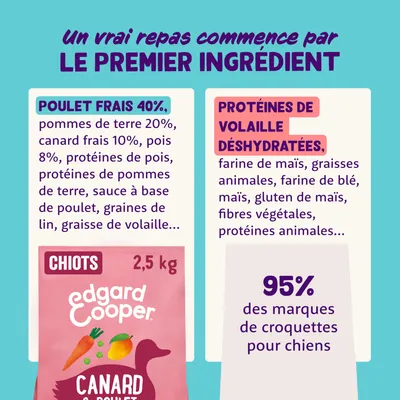 Edgard Cooper Canard & Poulet pour chiots, 2,5 kg. Ingrédients : poulet frais 40 %, pommes de terre 20 %, canard frais 10 %. Remarque : 95 % des marques utilisent des protéines de volaille déshydratées.
