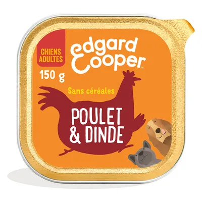 Edgard Cooper nourriture humide pour chiens adultes, 150 g, sans céréales, avec poulet et dinde.