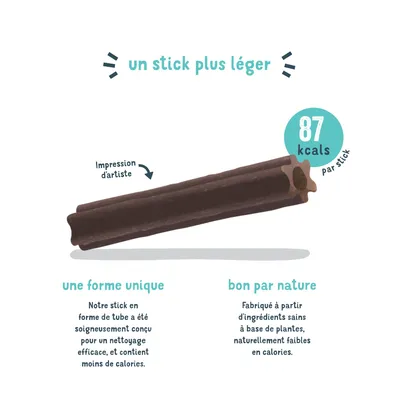 Stick léger avec 87 kcal par pièce. Forme unique pour un nettoyage efficace, fabriqué à partir d’ingrédients végétaux, pauvre en calories et sain.
