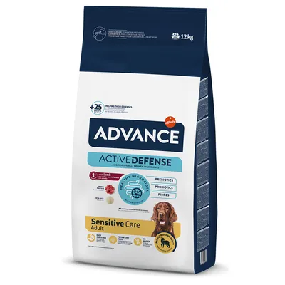 Advance Active Defense Sensitive Care Adult con agnello, 12 kg. Contiene prebiotici, probiotici e fibre. Supporta pelle, pelo e digestione. Senza glutine.