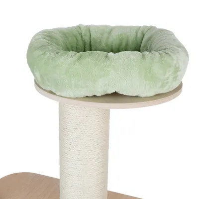 Cat tree with green, soft plush bed on a wooden platform and sisal-wrapped post.