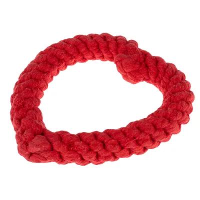 Piros, kerek játék fonott kötélből, csomóval.