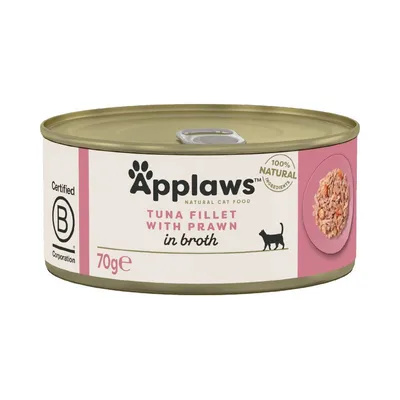 Applaws Natural Cat Food, Tuna Fillet with Prawn in Broth, 70g tin. Certified B Corporation. 100% natural ingredients badge visible. Image of food on side of tin.