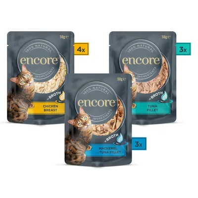 Encore Katzenfutter in Brühe, 50g Beutel: 4x Hühnerbrust, 3x Thunfischfilet, 3x Makrele mit Thunfischfilet. 100% natürliche Zutaten.