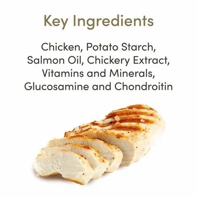 Key Ingredients: Chicken, Potato Starch, Salmon Oil, Chickery Extract, Vitamins and Minerals, Glucosamine and Chondroitin (Engelstalig). Afbeelding van gesneden kipfilet.